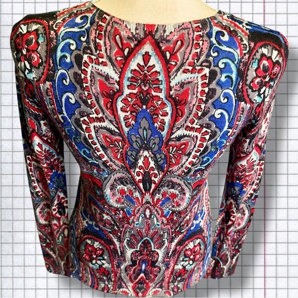 Talbots 100% Merino Wool Blue & Red Multicolor Brushed Paisley Cardigan Size S - Picture 9 of 12